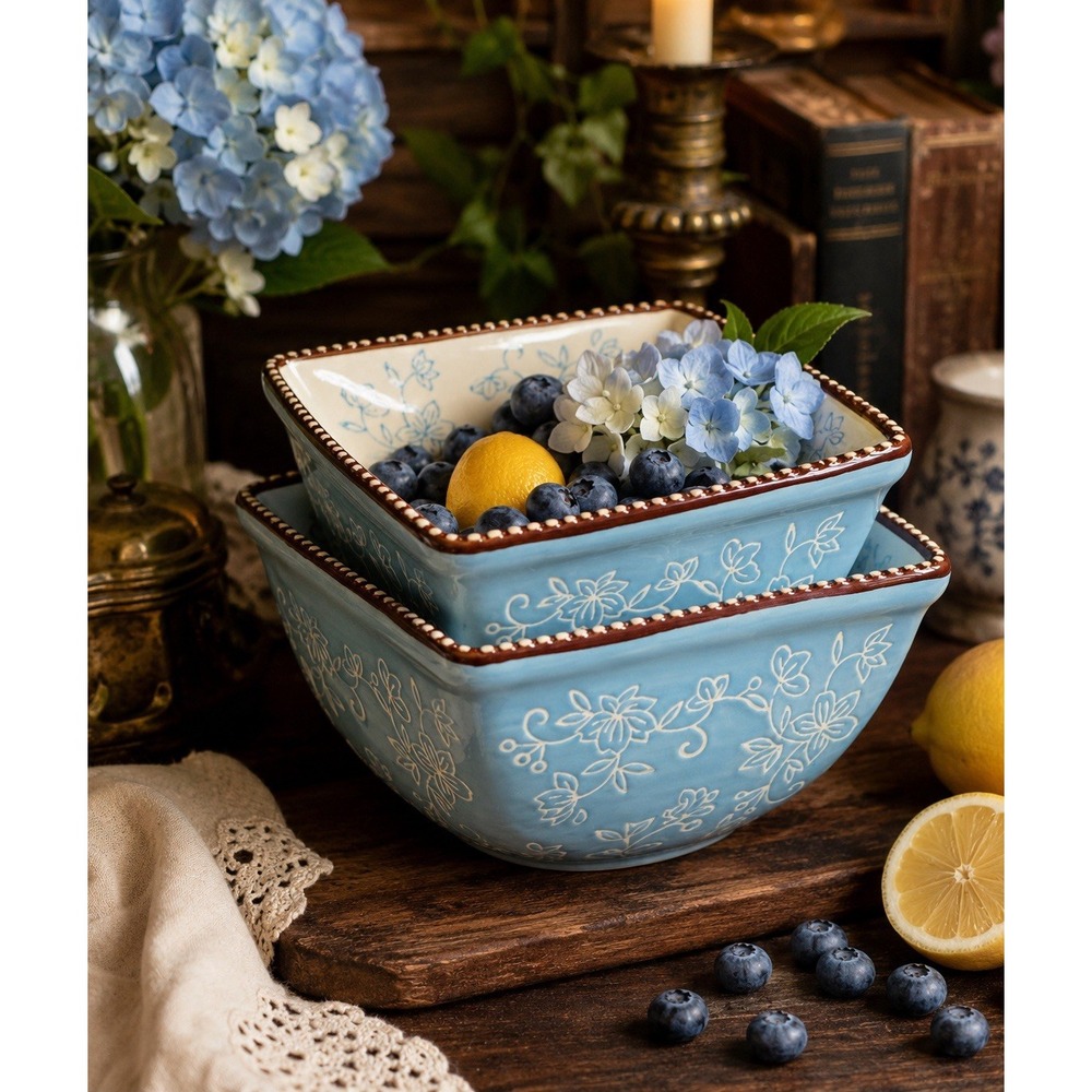 Temp-tations by Tara Floral Lace Blue Square Nesting Bowls Set 1 & 1.5 Qt